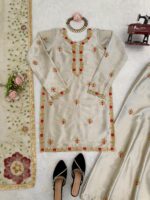 Silver Color Japan Satin Silk Fabric Thread With Sequence Work Palazzo Suit