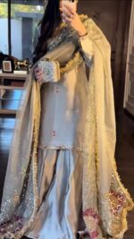 Silver Color Japan Satin Silk Fabric Thread With Sequence Work Palazzo Suit