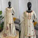 Silver Color Japan Satin Silk Fabric Thread With Sequence Work Palazzo Suit