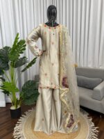 Silver Color Japan Satin Silk Fabric Thread With Sequence Work Palazzo Suit