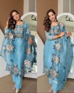 Sky Color Mul Chanderi Fabric Thread Work Suit
