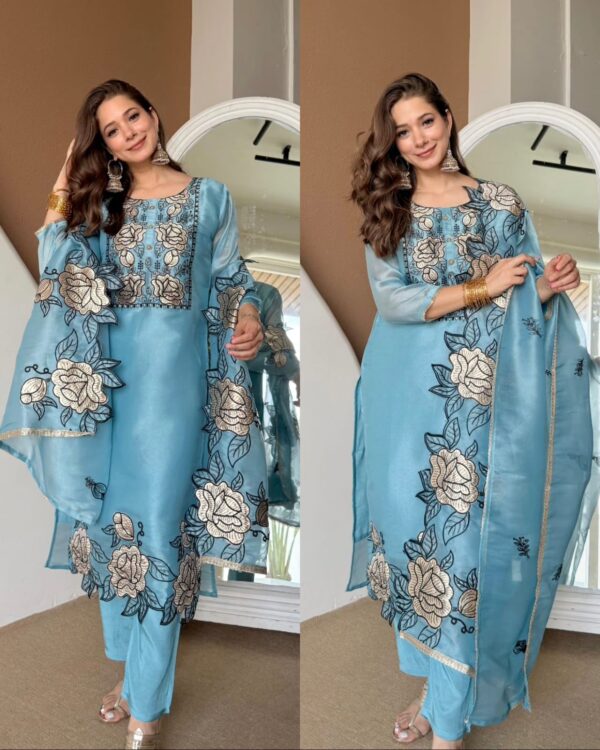 Sky Color Mul Chanderi Fabric Thread Work Suit