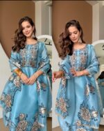Sky Color Mul Chanderi Fabric Thread Work Suit