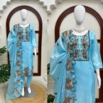 Sky Color Mul Chanderi Fabric Thread Work Suit