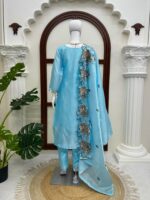 Sky Color Mul Chanderi Fabric Thread Work Suit