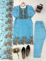 Sky Color Mul Chanderi Fabric Thread Work Suit