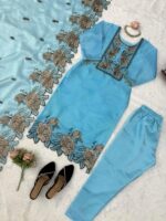 Sky Color Mul Chanderi Fabric Thread Work Suit