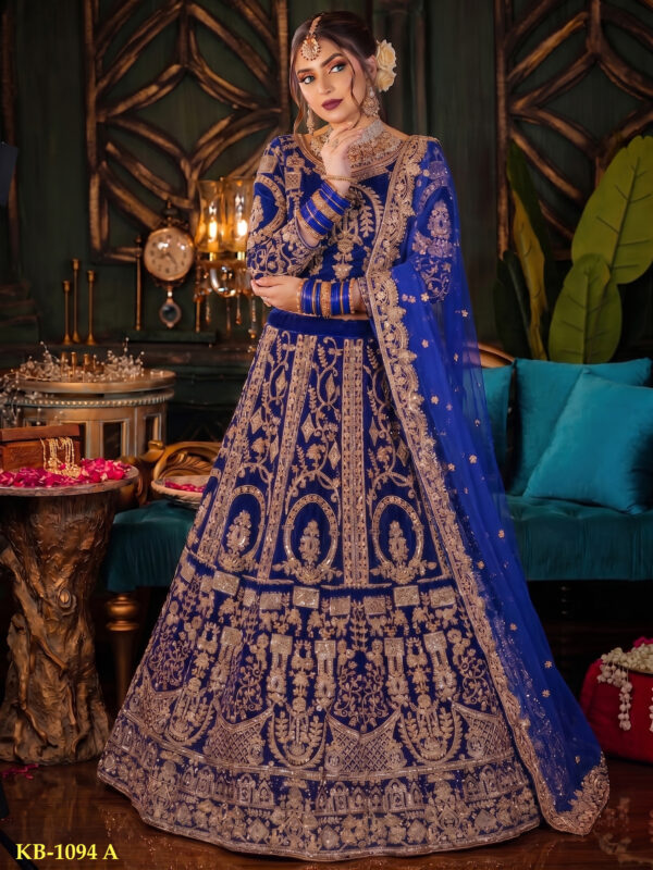 Special Wedding Blue Color Velvet Embroidery Sequence Work Bridal Lehenga