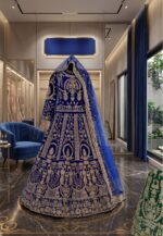 Special Wedding Blue Color Velvet Embroidery Sequence Work Bridal Lehenga
