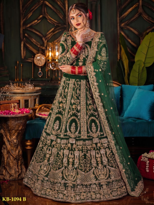 Special Wedding Green Color Velvet Embroidery Sequence Work Bridal Lehenga