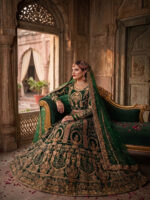 Special Wedding Green Color Velvet Embroidery Sequence Work Bridal Lehenga