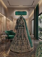 Special Wedding Green Color Velvet Embroidery Sequence Work Bridal Lehenga