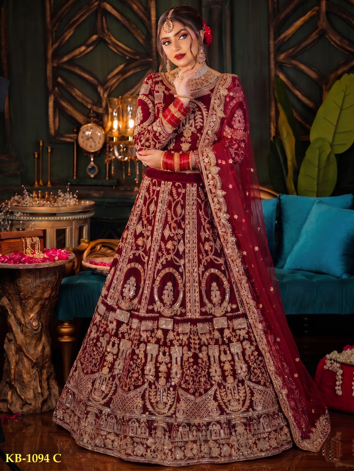 Special Wedding Maroon Color Velvet Embroidery Sequence Work Bridal Lehenga