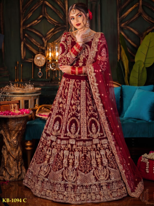 Special Wedding Maroon Color Velvet Embroidery Sequence Work Bridal Lehenga
