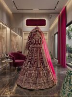 Special Wedding Maroon Color Velvet Embroidery Sequence Work Bridal Lehenga