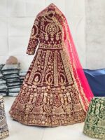 Special Wedding Maroon Color Velvet Embroidery Sequence Work Bridal Lehenga
