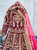 Special Wedding Maroon Color Velvet Embroidery Sequence Work Bridal Lehenga
