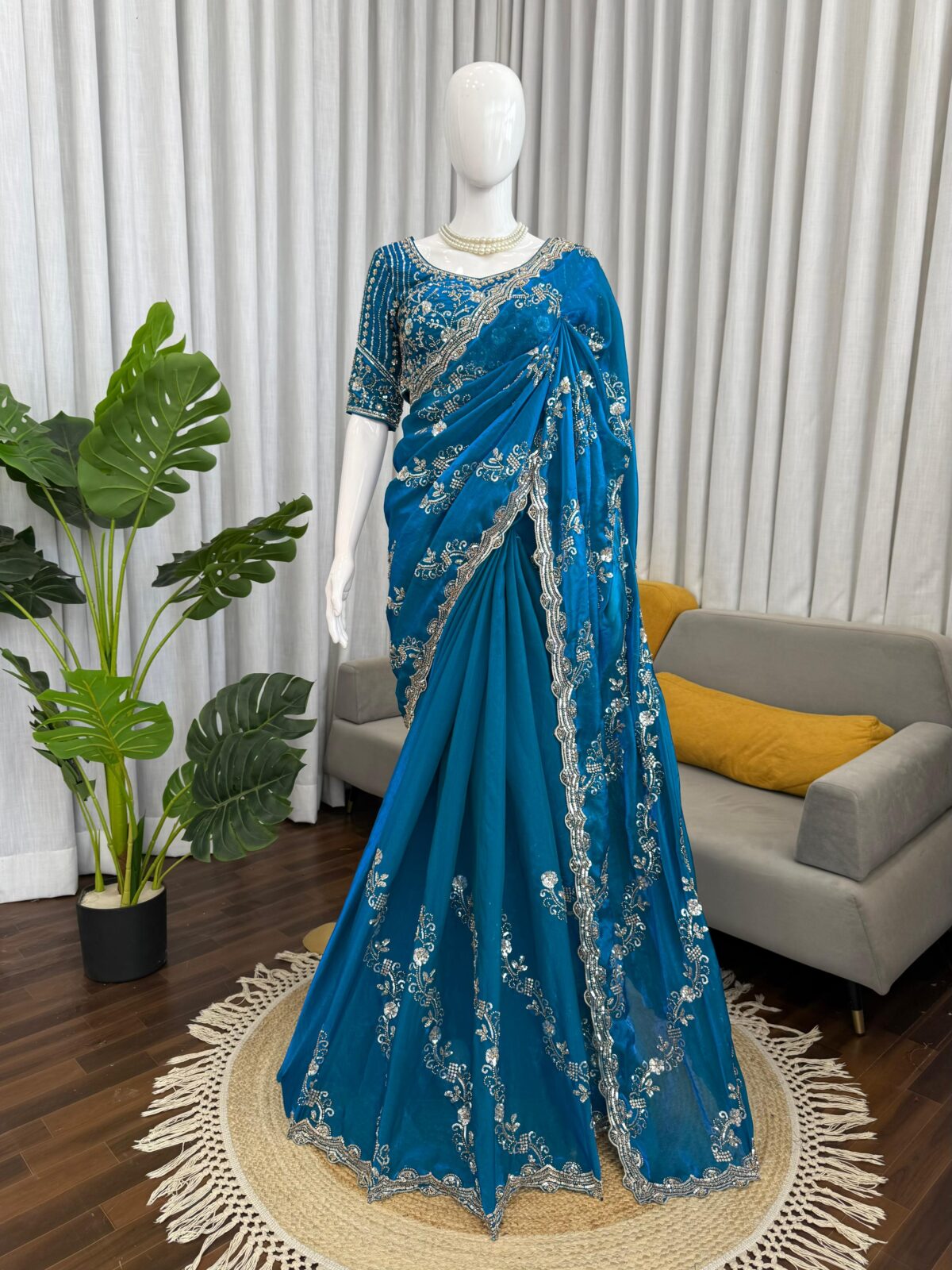Teal Blue Color Fendi Silk Fabric Sequence With Bead Work Saree