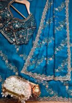 Teal Blue Color Fendi Silk Fabric Sequence With Bead Work Saree
