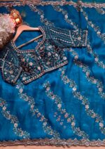 Teal Blue Color Fendi Silk Fabric Sequence With Bead Work Saree