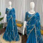 Teal Blue Color Fendi Silk Fabric Sequence With Bead Work Saree