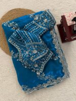 Teal Blue Color Fendi Silk Fabric Sequence With Bead Work Saree