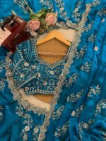 Teal Blue Color Fendi Silk Fabric Sequence With Bead Work Saree