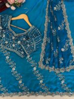 Teal Blue Color Fendi Silk Fabric Sequence With Bead Work Saree