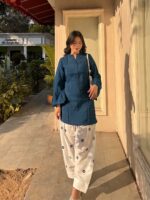 Teal Blue Color Rayon Fabric Thread Work Farshi Style Suit
