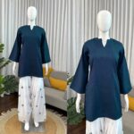 Teal Blue Color Rayon Fabric Thread Work Farshi Style Suit