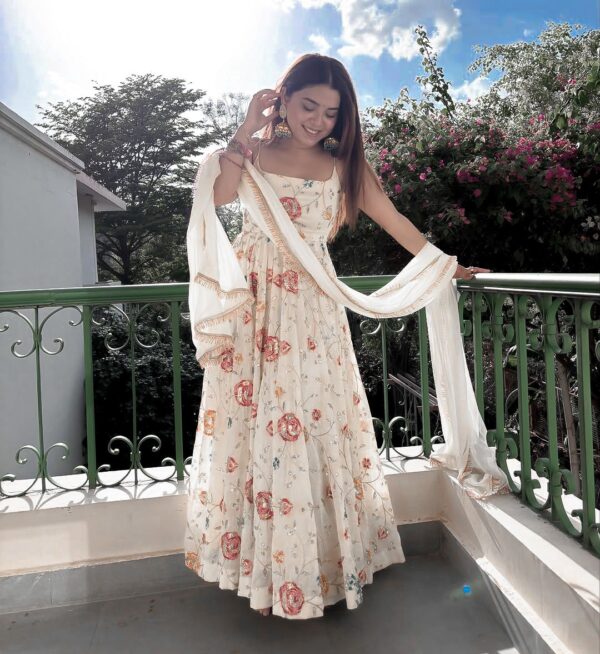White Color Faux Georgette Fabric Thread With Sequence Work Anarkali Suit