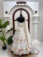 White Color Faux Georgette Fabric Thread With Sequence Work Anarkali Suit
