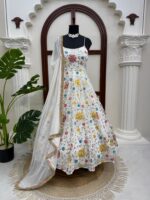 White Color Faux Georgette Fabric Thread With Sequence Work Anarkali Suit