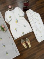 White Color Mul Chanderi Fabric Thread Work Farshi Style Suit