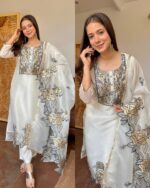 White Color Mul Chanderi Fabric Thread Work Suit