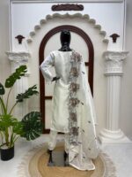 White Color Mul Chanderi Fabric Thread Work Suit