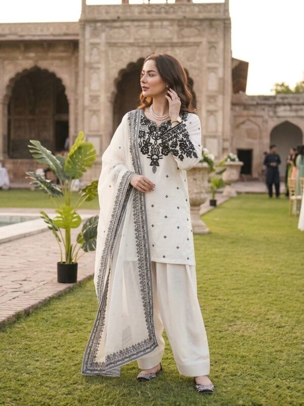 White Color Natural Crepe Fabric Thread With Sequence Work Farshi Style Suit