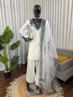 White Color Natural Crepe Fabric Thread With Sequence Work Farshi Style Suit