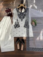 White Color Natural Crepe Fabric Thread With Sequence Work Farshi Style Suit