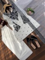 White Color Natural Crepe Fabric Thread With Sequence Work Farshi Style Suit