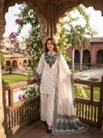 White Color Natural Crepe Fabric Thread With Sequence Work Farshi Style Suit