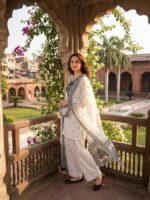 White Color Natural Crepe Fabric Thread With Sequence Work Farshi Style Suit