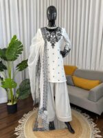 White Color Natural Crepe Fabric Thread With Sequence Work Farshi Style Suit