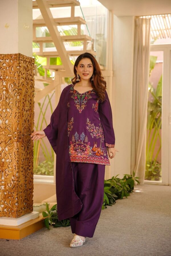 Wine Color Rayon Fabric Thread Work Farshi Style Palazzo Suit