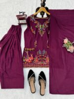 Wine Color Rayon Fabric Thread Work Farshi Style Palazzo Suit