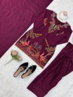 Wine Color Rayon Fabric Thread Work Farshi Style Palazzo Suit