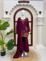 Wine Color Rayon Fabric Thread Work Farshi Style Palazzo Suit