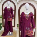 Wine Color Rayon Fabric Thread Work Farshi Style Palazzo Suit