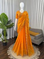 Yellow Color Fendi Silk Fabric Sequence With Bead Work Saree