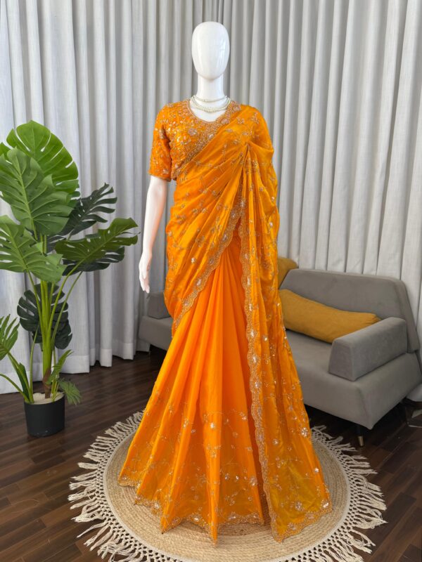 Yellow Color Fendi Silk Fabric Sequence With Bead Work Saree